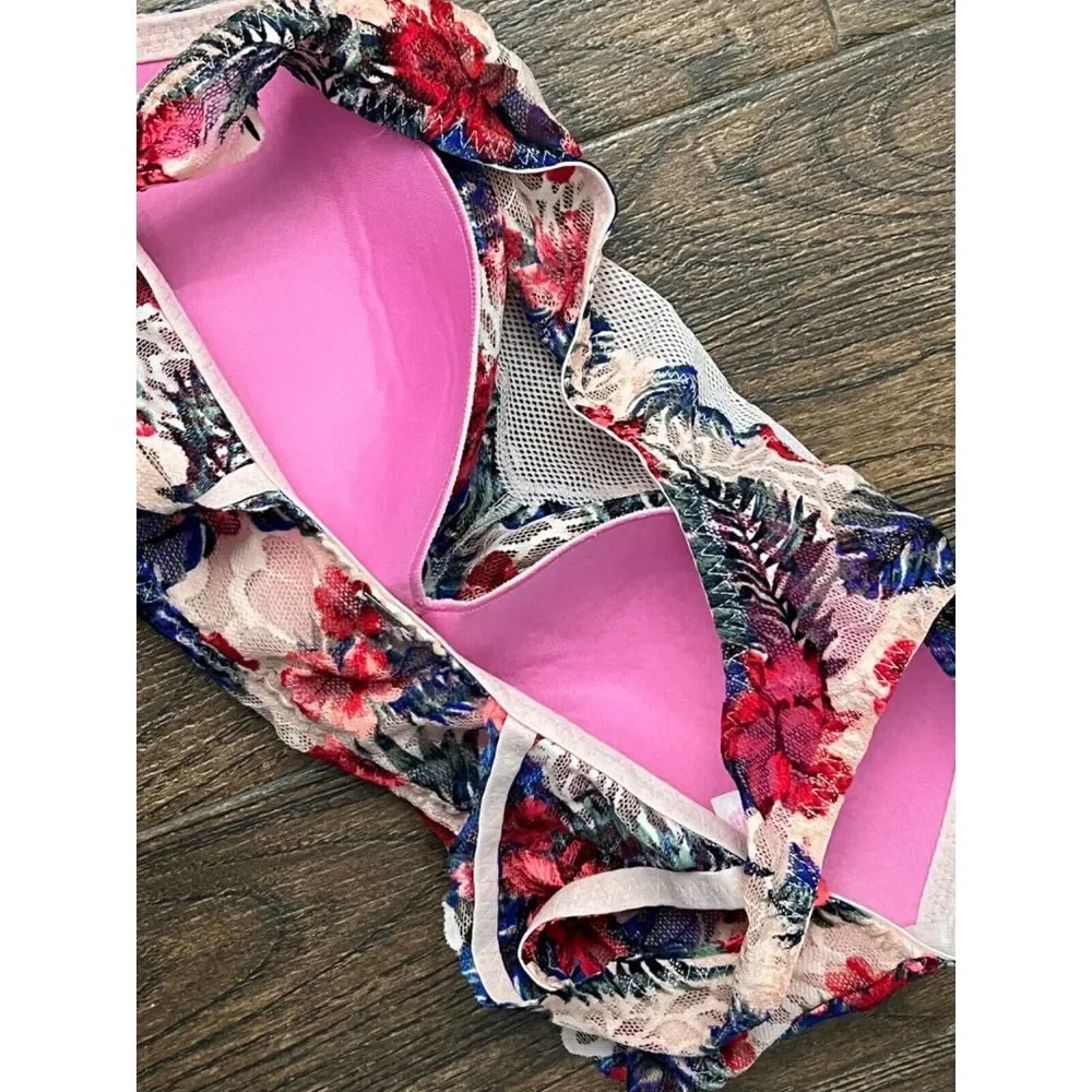 VICTORIA'S SECRET‎ PINK TROPICAL FLORAL LACE HIGH NECK PADDED BRALETTE LARGE